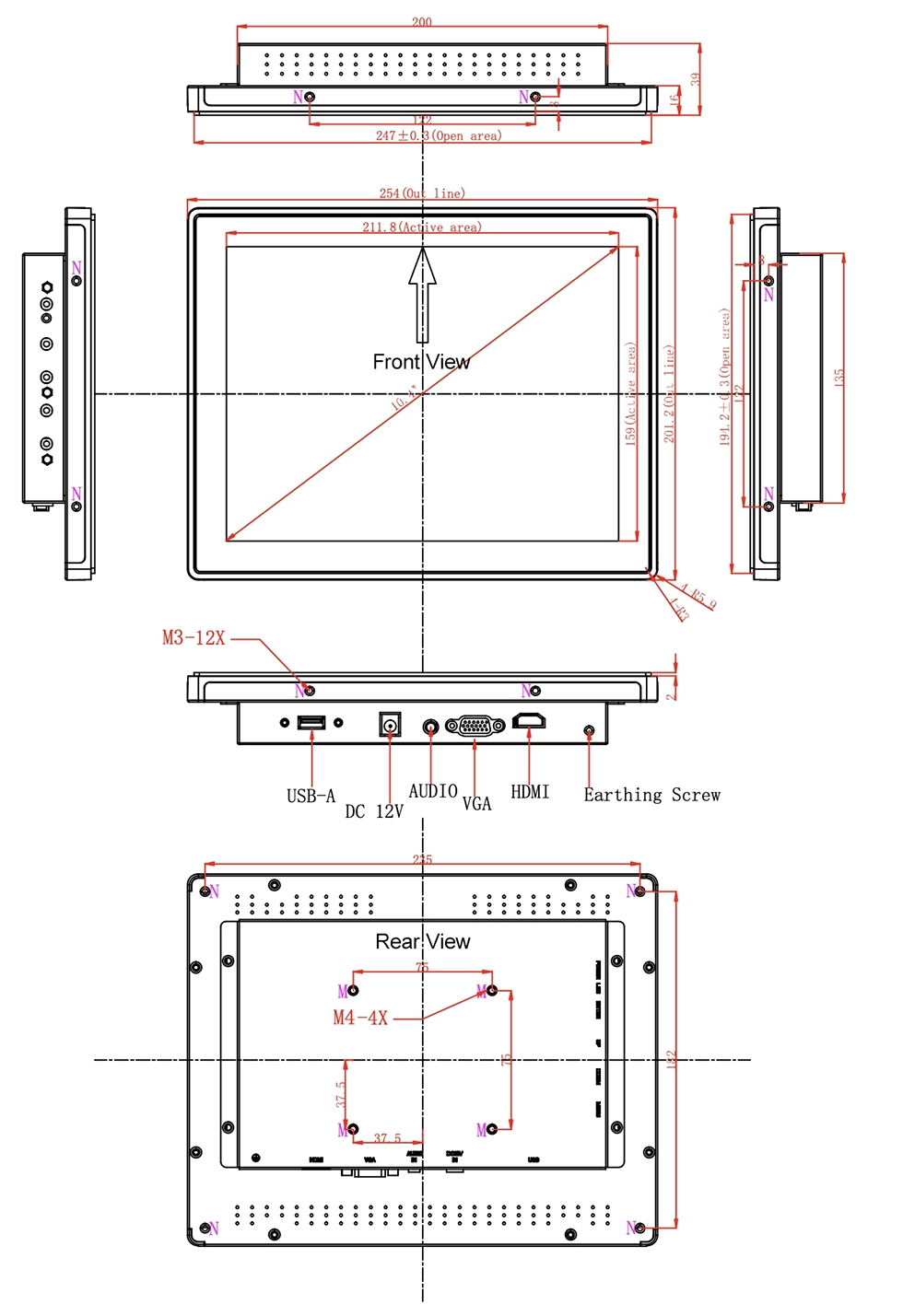 10.4 Inch Open-Frame Touchscreen Monitor dimensions and mechanical drawing